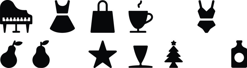 Minimal Lifestyle and Decorative Silhouette Icons Featuring Piano Dress Coffee Cup and Fashion Accessories Collection © SHOJEB