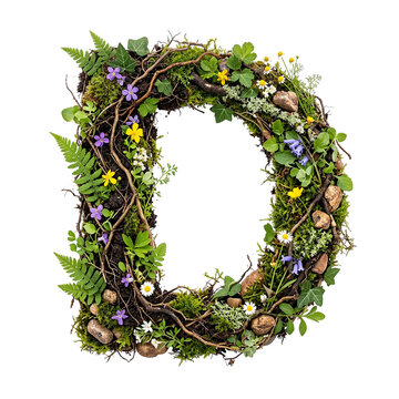 Letter D Made of Natural Elements with Moss, Twigs, Flowers, and Stones