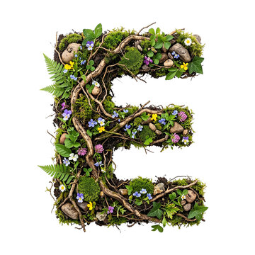 Letter E Made of Natural Elements with Moss, Twigs, Flowers, and Stones