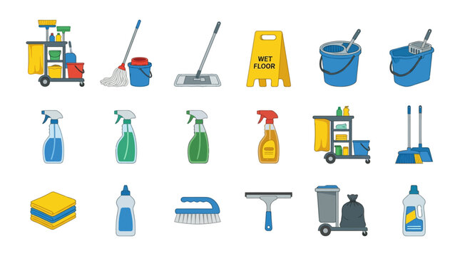 Cleaning supplies and tools.