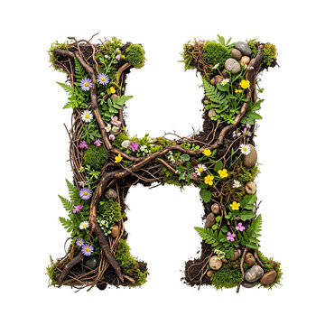 Letter H Made of Natural Elements with Moss, Twigs, Flowers, and Stones