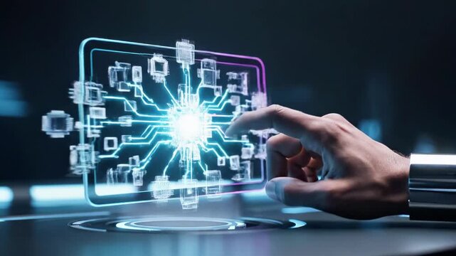 A futuristic scene with a hand interacting with a glowing digital circuit board