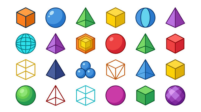 Colorful 3D geometric shapes icons.