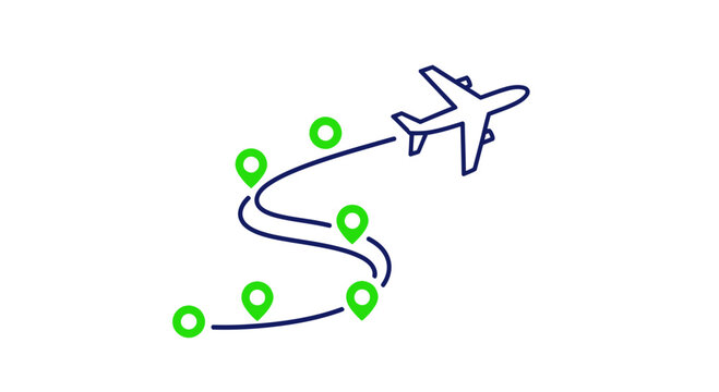 Airplane Journey Route with Location Pins, Travel Concept