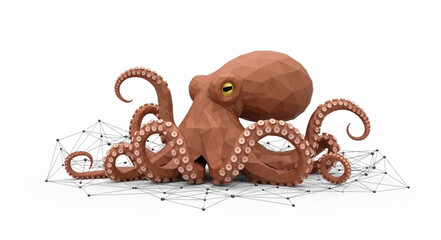 A single brown octopus with eight tentacles spread out on a white background. © Retno