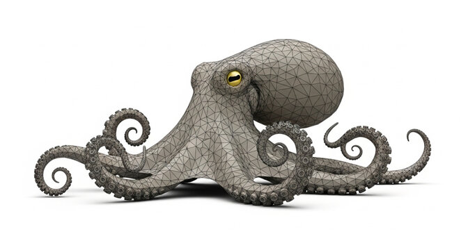 A realistic octopus with eight tentacles spread out on a white background.