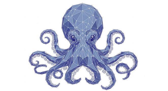 Abstract blue octopus illustration with swirling tentacles.