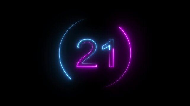 A dynamic neon circular animation, and glowing neon number 21 animation . on a black background. and creating a stunning video. 4k video