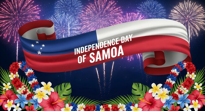Samoa independence day celebration flag fireworks and tropical flowers