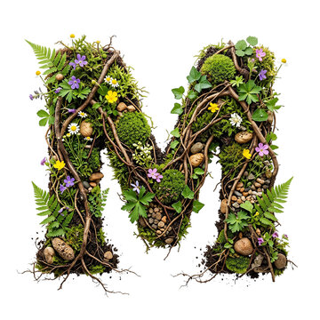 Letter M Made of Natural Elements with Moss, Twigs, Flowers, and Stones