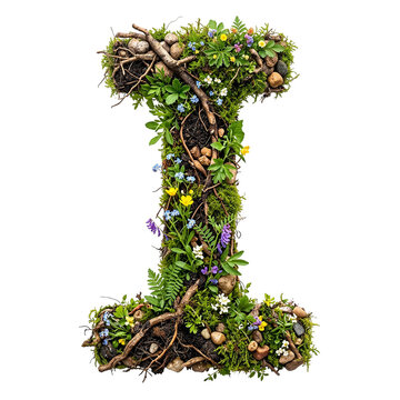 Letter i Made of Natural Elements with Moss, Twigs, Flowers, and Stones