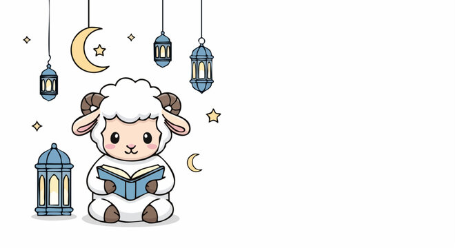 A cute chibi sheep mascot reading a book under a crescent moon and lanterns, representing a peaceful Islamic holiday celebration in a flat vector styl