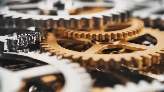 Interconnected metallic gears in a close-up view with varying focus and golden hues