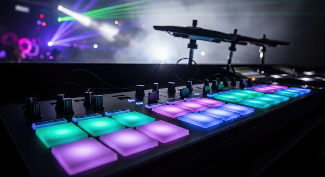 Illuminated Electronic Drum Pads Controller on Stage with Laser Lights