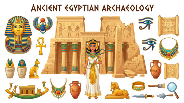Ancient Egyptian Archaeology Collection Symbols and Artifacts.