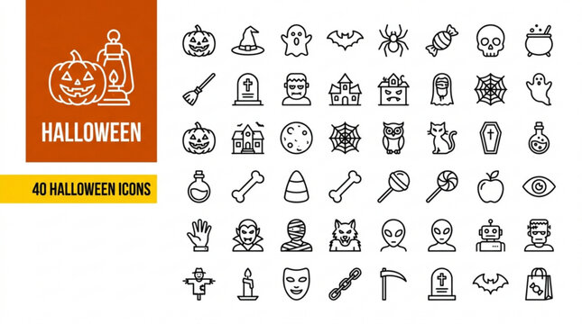 Collection of 40 Halloween icons on white background for design and decoration purposes
