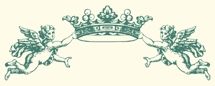 Two cherubs hold up a royal crown emblem with decoration illustration mythology monarchy authority protecting spirituality heavenly ornament decorative creature mythical symbolic