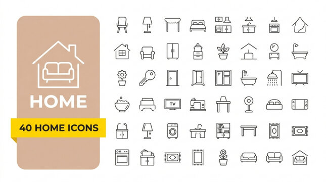 Collection of 40 minimalist home icons in various categories for design and decoration purposes online.
