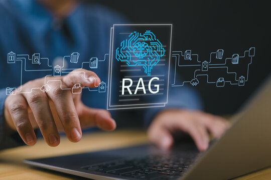 RAG retrieval-augmented generation concept with businessman using laptop, representing semantic search, enterprise knowledge retrieval, AI document analysis, intelligent information summarization.
