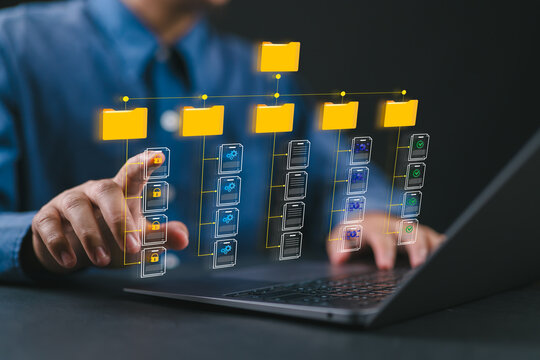 Document management system (DMS) concept with file and folder icons, representing document classification, version control, organized storage, and digital workflow management.