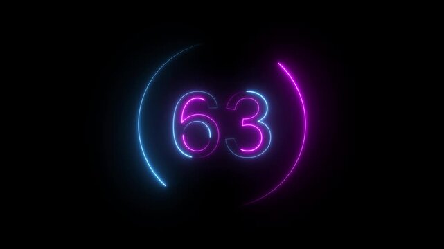 A dynamic neon circular animation, and glowing neon number 63 animation . on a black background. and creating a stunning video. 4k video
