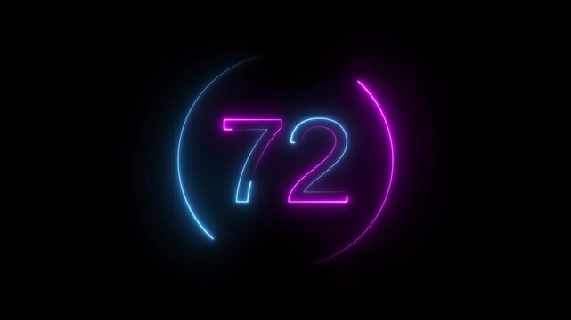 A dynamic neon circular animation, and glowing neon number 72 animation . on a black background. and creating a stunning video. 4k video