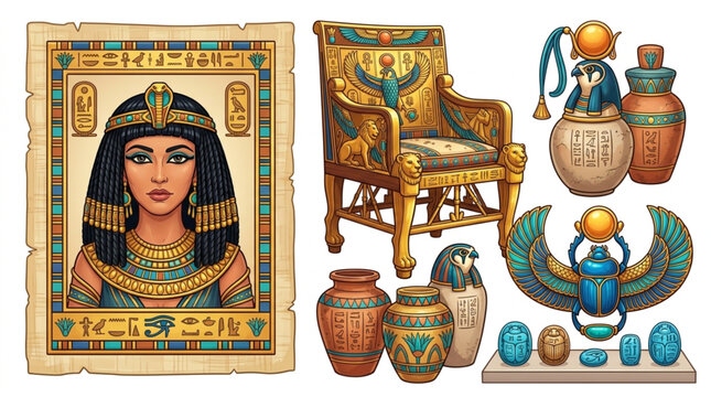 Ancient Egyptian artifacts and portrait of a queen.