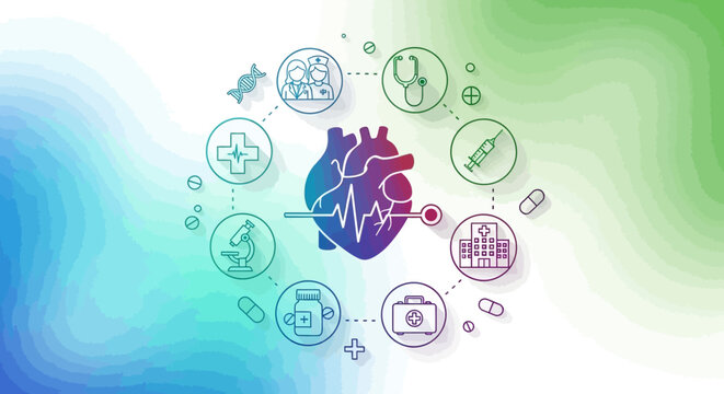 Human heart surrounded by medical icons on colorful abstract background