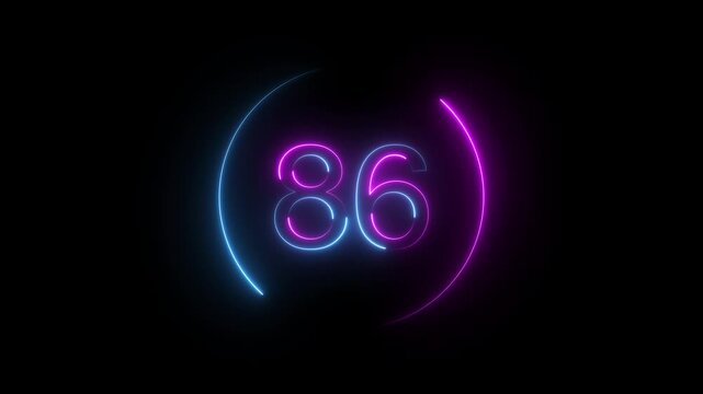 A dynamic neon circular animation, and glowing neon number 86 animation . on a black background. and creating a stunning video. 4k video
