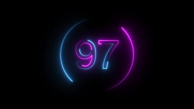 A dynamic neon circular animation, and glowing neon number 97 animation . on a black background. and creating a stunning video. 4k video