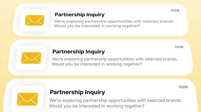 Partnership Inquiry notifications appear in a dynamic animated sequence. Ideal for illustrating business outreach, collaboration, new opportunities, and digital communication.
