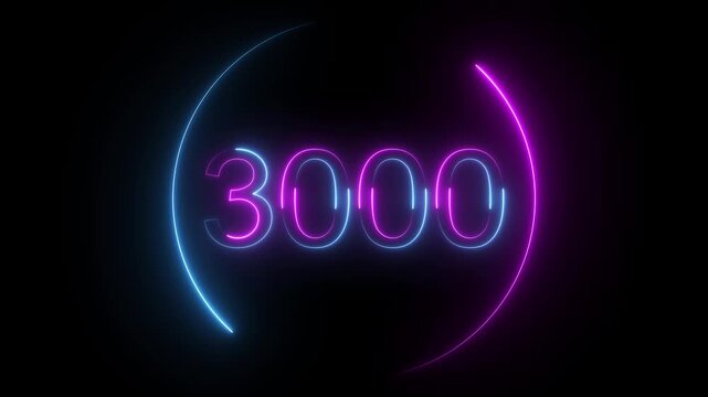 A dynamic neon circular animation, and glowing neon number 3000 animation . on a black background. and creating a stunning video. 4k video