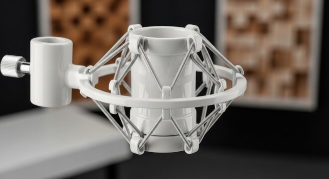A White Ceramic Microphone Shock Mount Used in Audio Recording Studios for Vibration Isolation