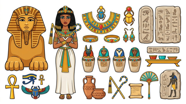 Ancient Egyptian Symbols and Figures Collection.