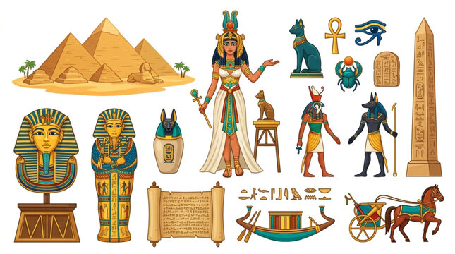 Ancient Egyptian Symbols and Figures Collection.