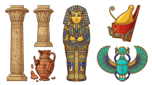 Ancient Egyptian Artifacts Collection Pharaoh Sarcophagus Scarab Beetle Columns.