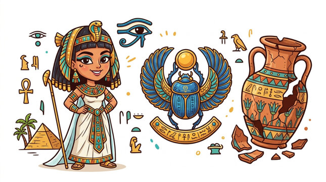 Ancient Egyptian Girl Pharaoh Scarab and Pottery Artifacts.