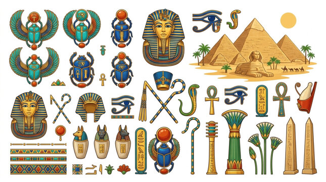 Ancient Egyptian Hieroglyphs Symbols Artifacts and Pyramids Collection.