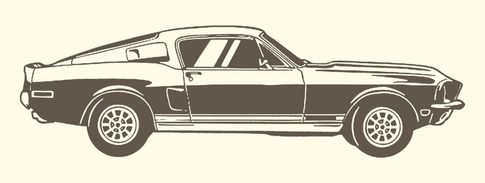 Side view illustration of a classic sports car with automobile transport cruising headlight taillight gleaming polished oldtimer nostalgia american powerful