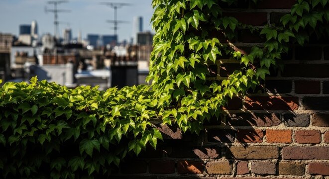 Vibrant green ivy leaves luxuriantly climb an aged brick wall against a blurred cityscape background