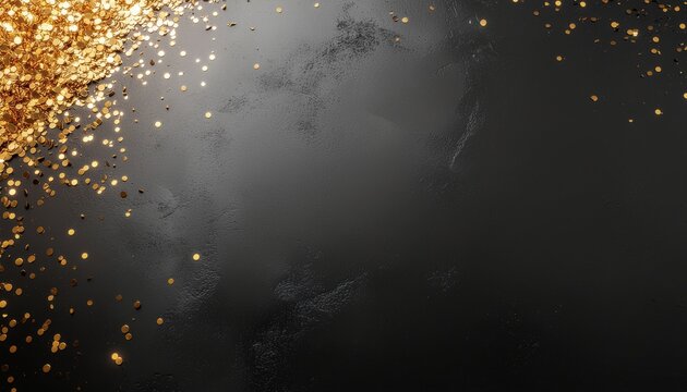 Luxury black background with scattered gold confetti and copy space