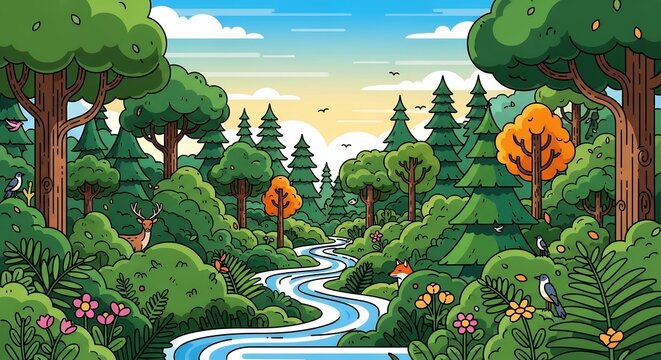 Beautiful forest landscape with winding blue river wild animals deer fox birds and lush green trees in a flat design style