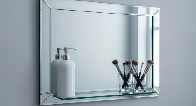 A large square mirror with a mirrored frame showcases bathroom essentials including a soap dispenser and makeup brushes on a glass shelf, reflecting a clean and organized space.