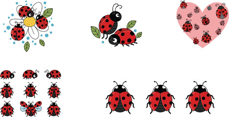 Cute ladybug cartoon illustration collection with floral elements heart pattern and spotted beetle character designs © MstAkhi