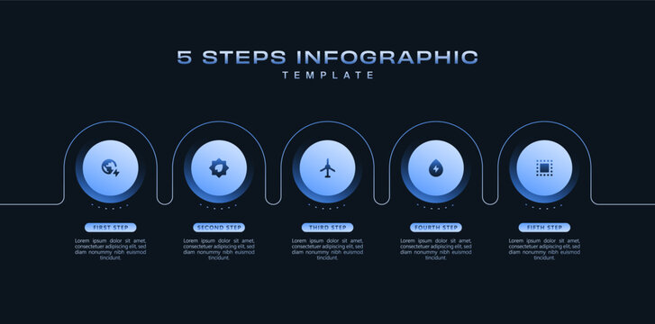 Dark minimal infographic template with gradient icons and 5 step workflow diagram. Modern vector layout for business presentation, flowchart, marketing report, digital strategy, Digital Style Pack Pro