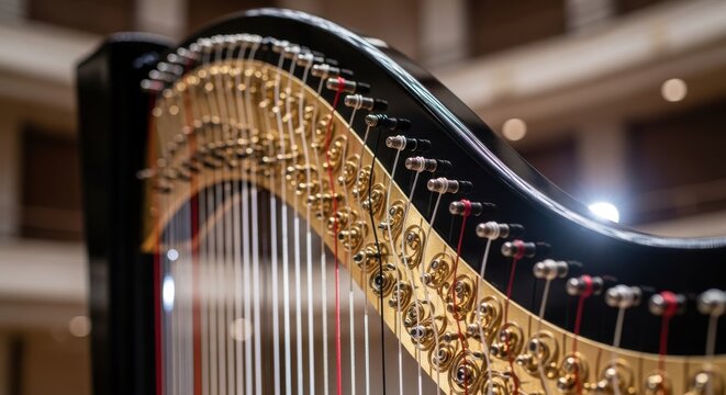 Close up view of an ornate black and gold harp with intricate silver tuning pegs and numerous taut strings
