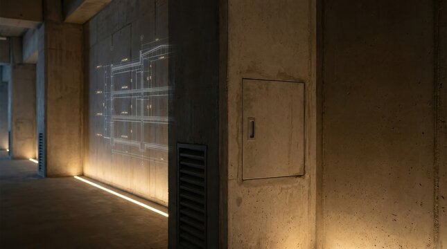 Concrete architectural feature with embedded access panels and ventilation grates illuminated by ambient lighting