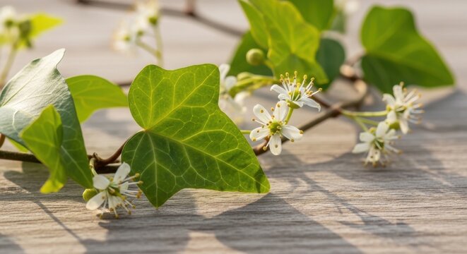 Delicate trailing ivy with small white blossoms on a textured wooden surface