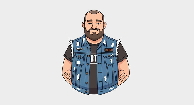 Bearded man character wearing a denim vest and black shirt