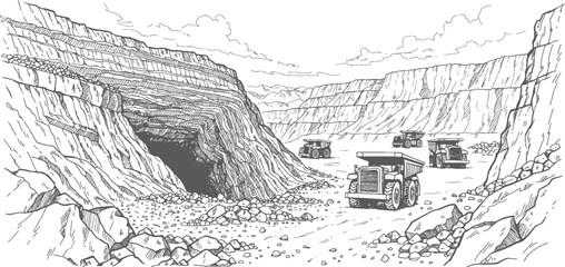 Rare Earth Mineral Open Pit Mine Sketch Vector Line Art, Layered Excavation Mining Site with Heavy Dump Trucks, Industrial Mineral Extraction Illustration © lipika